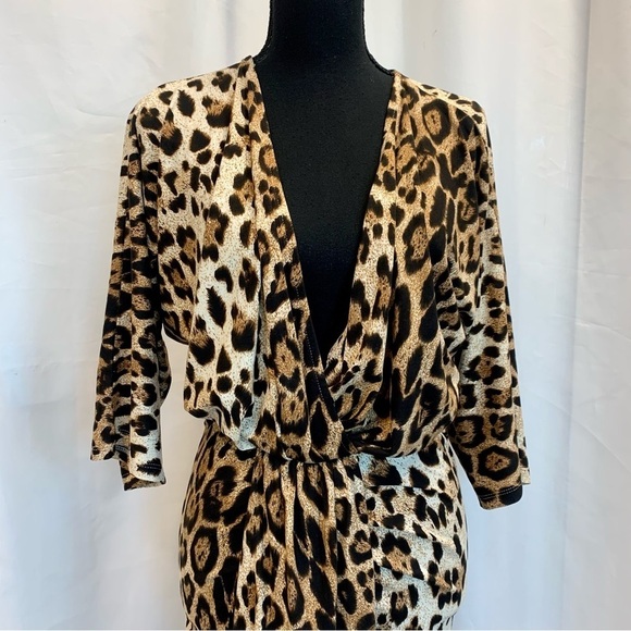 V Neck brown tan Leopard animal Print Asymmetrical maxi wrap Dress Sz M - Picture 5 of 17